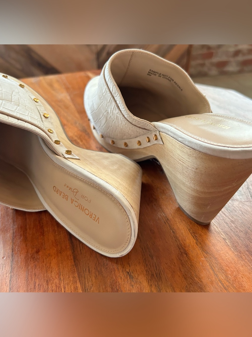 Veronica Beard Cream Croc-Embossed Leather Mule Clogs with Gold Buckle - Picture 8 of 10